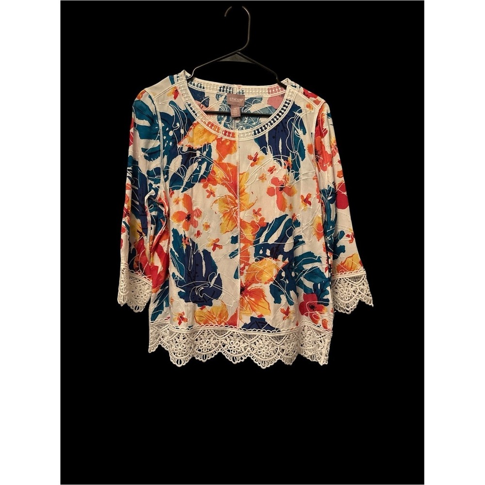 Chico's White Floral Tunic with Blue, Orange and Yellow Accents